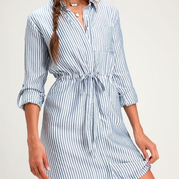 Lulus | Lifestyle Blue and White Striped Long Sleeve Shirt Dress - Picture 12 of 13